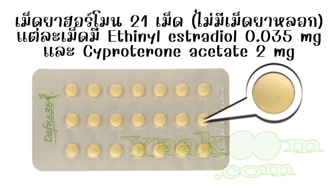 ในแผงของยาคุม แดฟเน่ 35 มีเม็ดยาฮอร์โมน 21 เม็ด แต่ละเม็ดมีตัวยา เอทธินิลเอสตราไดออล 0.035 มิลลิกรัม และ ไซโปรเทอโรน อะซีเตท 2 มิลลิกรัม