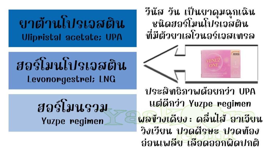 วีนัส วัน จัดเป็นยาคุมฉุกเฉินชนิดฮอร์โมนโปรเจสติน ที่มีตัวยาเลโวนอร์เจสเทรล