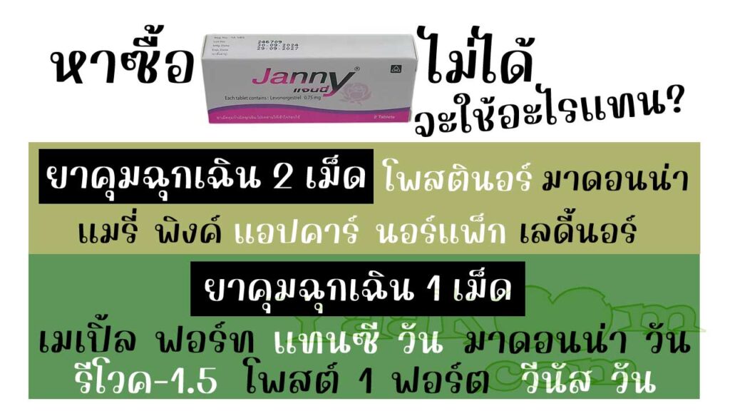 รายชื่อยาคุมฉุกเฉินที่มีตัวยาเหมือนกับ แจนนี่ ซึ่งสามารถนำมาใช้แทนกันได้ โดยมีทั้งแบบ 1 เม็ด และ 2 เม็ด