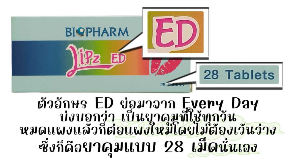 ตัวอักษร ED ก็คือ every day บอกให้ทราบว่า ลิปซ์ อีดี เป็นยาคุมแบบ 28 เม็ดที่ต้องใช้ทุกวันและต่อแผงใหม่โดยไม่ต้องเว้นว่าง